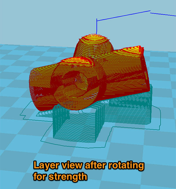 Part reoriented for printing, showing layers