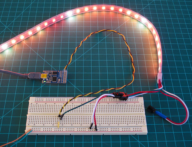 FadeCandy connected to computer via USB and an LED strip via a breadboard