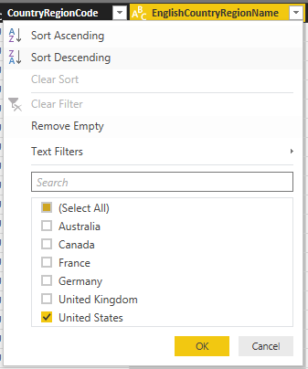 Filtering for United States only in the Query Editor