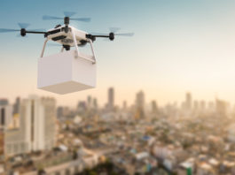 delivery drone flying in city