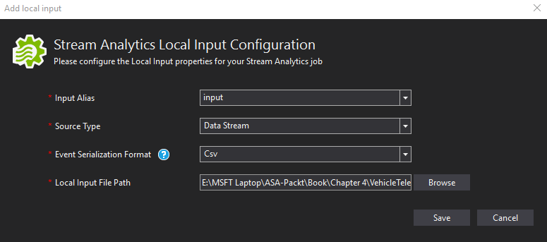 Stream analytics local input configuration