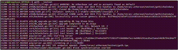 The output of the geth command connecting to Ethereum test net