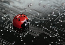 Computer bug, failure or error of software and hardware concept, miniature red ladybug on black computer motherboard PCB with soldering, programmer can debug to search for cause of error.
