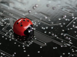 Computer bug, failure or error of software and hardware concept, miniature red ladybug on black computer motherboard PCB with soldering, programmer can debug to search for cause of error.