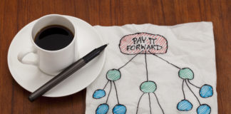 pay it forward concept illustrated on white napkin with espresso coffee cup on table